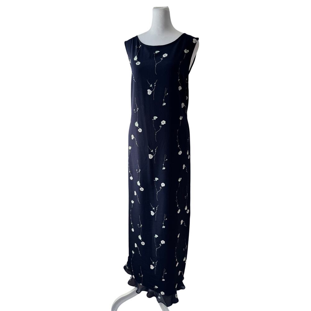 Vintage Y2K Norton McNaughton Navy & White Floral Print Ruffle Hem Maxi Dress